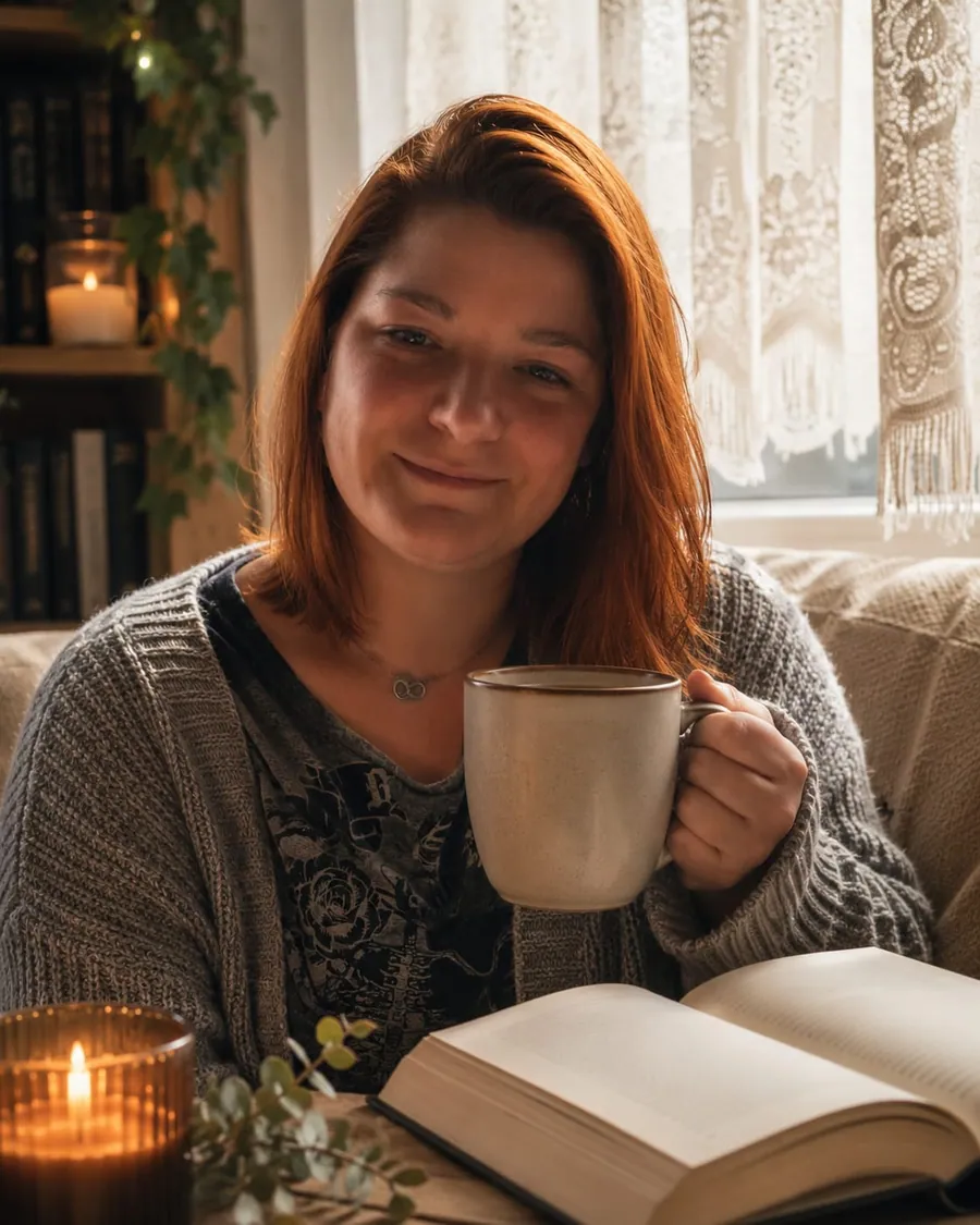 Autorin B. Blace mit Tasse und aufgeschlagenem Buch bei Kerzenlicht