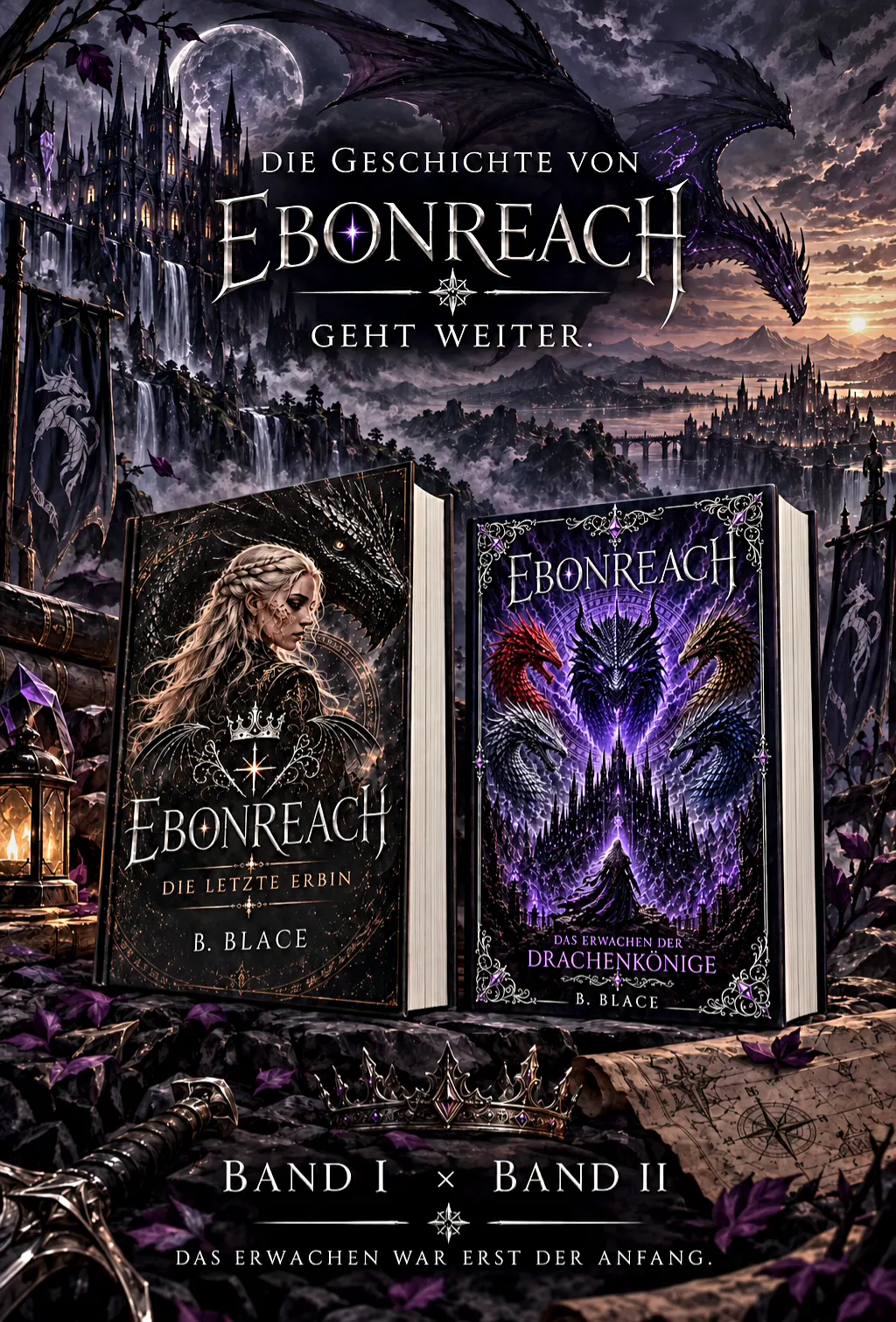 Ebonreach Band 1 und Band 2 als Bücher vor einer dunklen Fantasy-Landschaft mit Burg und Drache